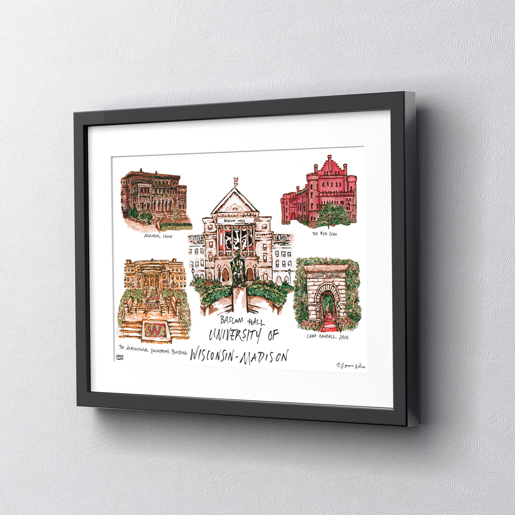 University of Wisconsin-Madison, Framed Collage Watercolor Wall Art 16" x 20" by Laura Wilcox