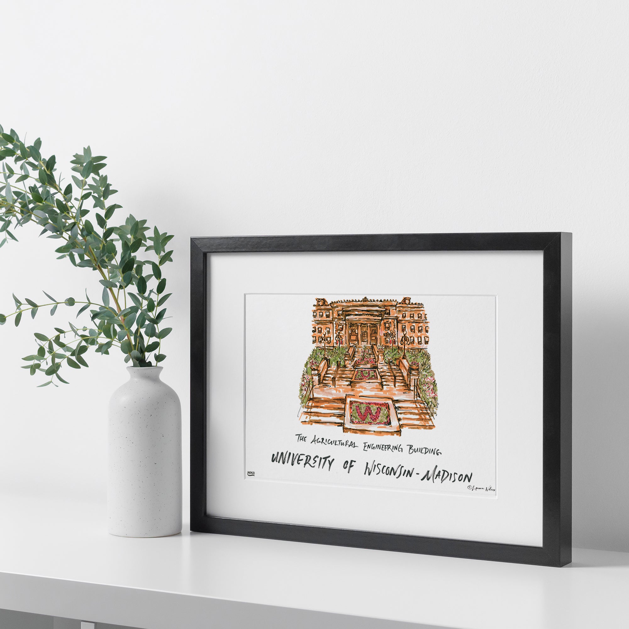 University of Wisconsin-Madison - The Agricultural Engineering Building, Framed Watercolor Wall Art 16" x 20" by Laura Wilcox