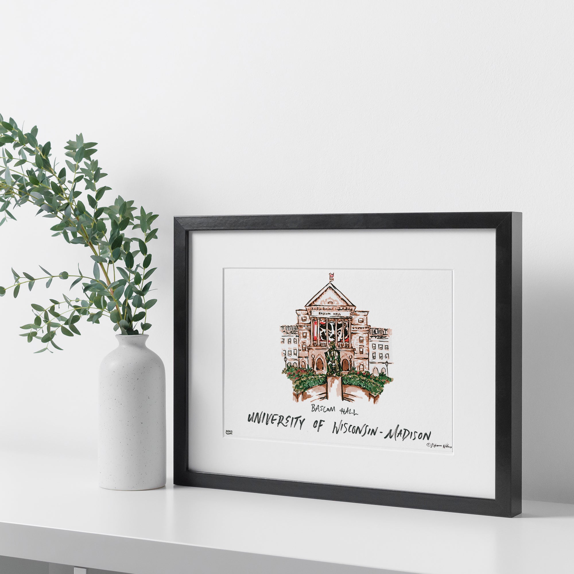 University of Wisconsin-Madison - Bascom Hall, Framed Watercolor Wall Art 11" x 14" by Laura Wilcox