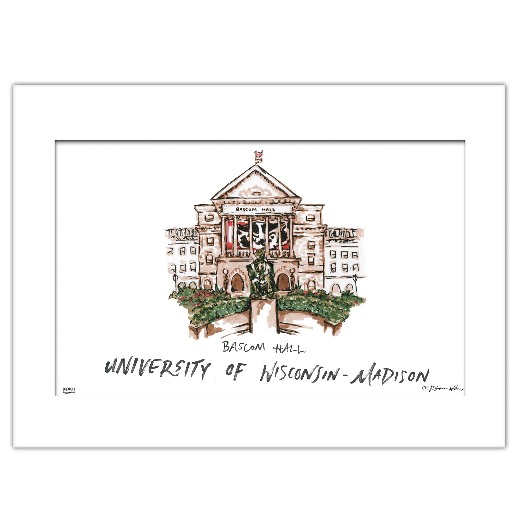 University of Wisconsin-Madison - Bascom Hall, Matted Watercolor Wall Art 11" x 14" by Laura Wilcox