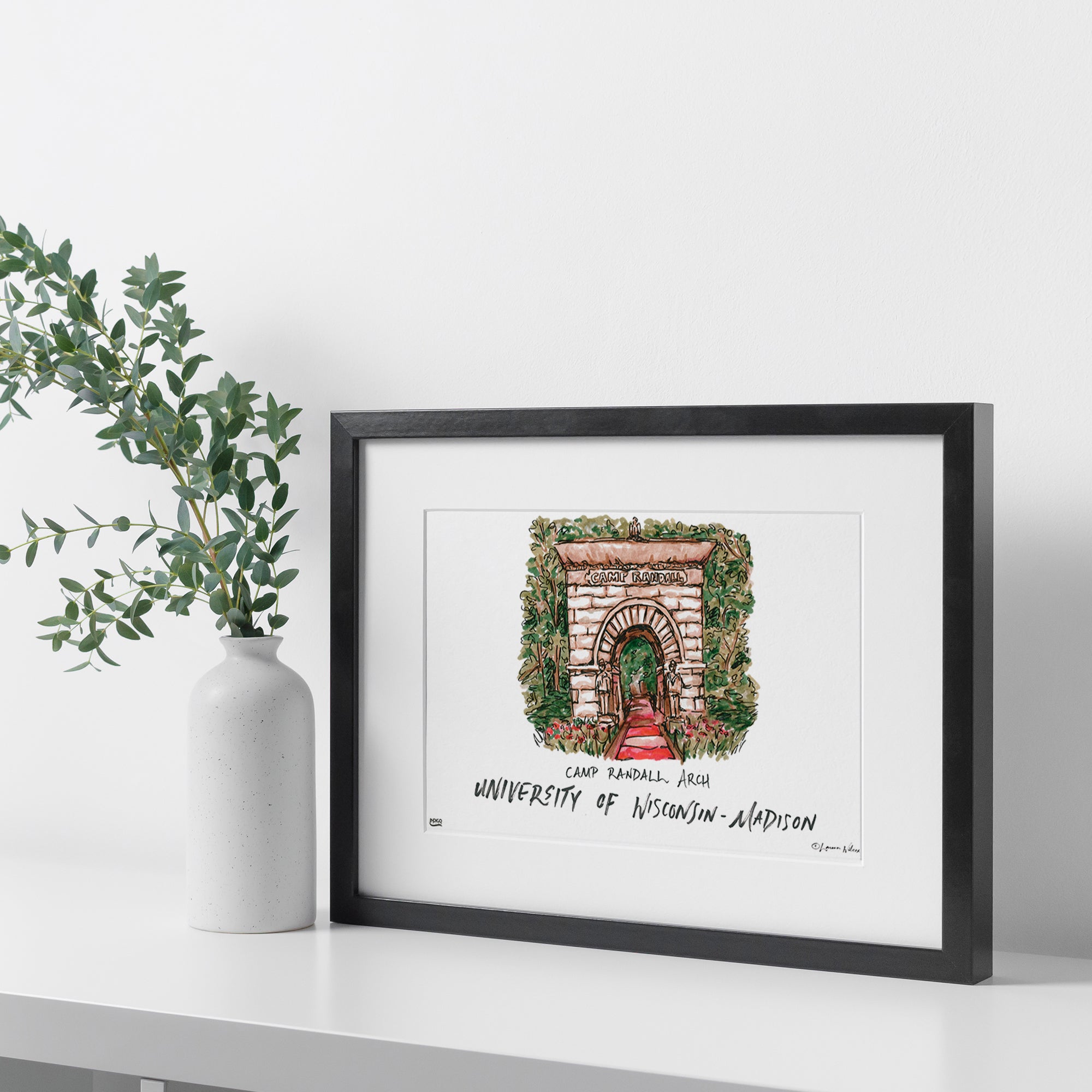 University of Wisconsin-Madison - Camp Randall Arch, Framed Watercolor Wall Art 11" x 14" by Laura Wilcox