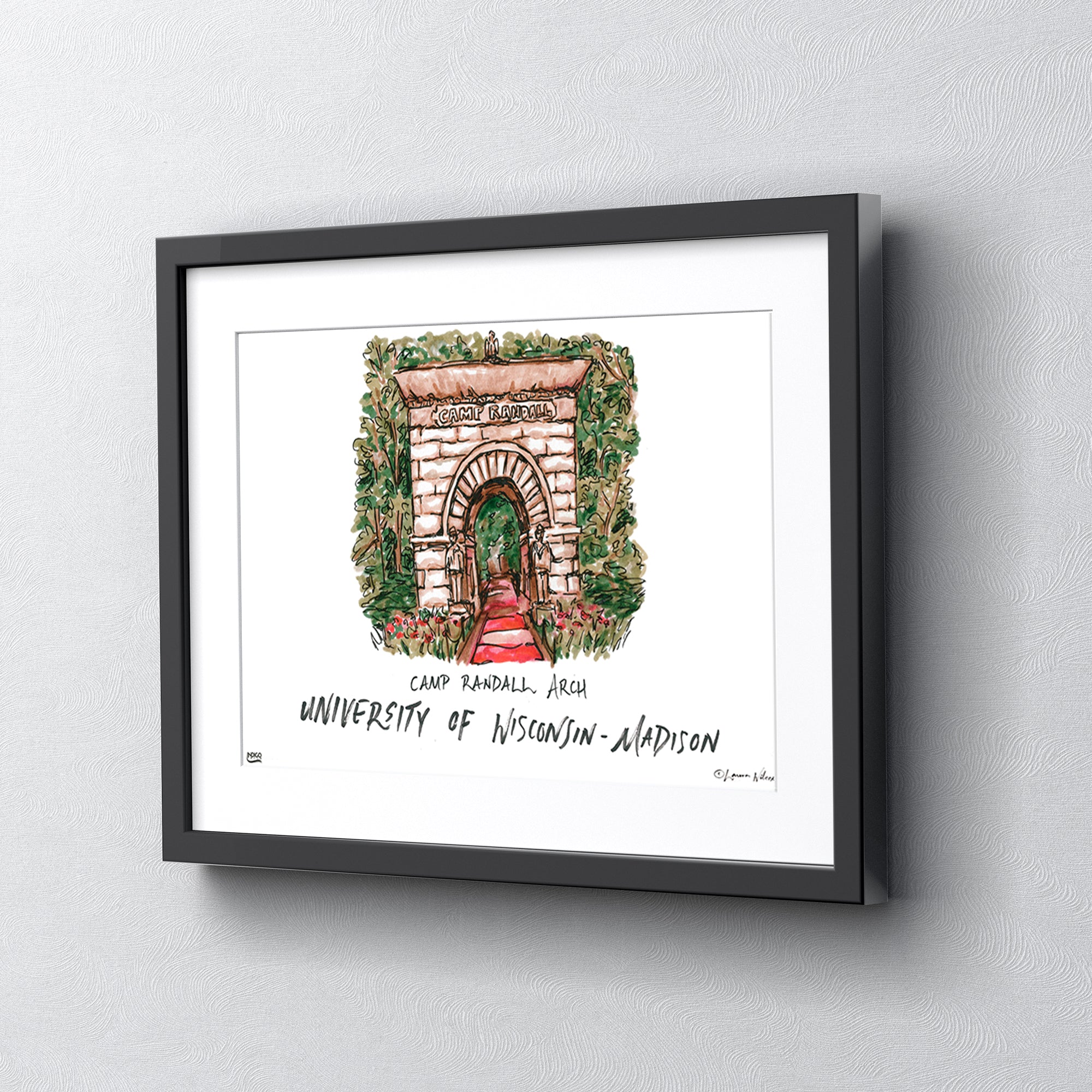 University of Wisconsin-Madison - Camp Randall Arch, Framed Watercolor Wall Art 11" x 14" by Laura Wilcox