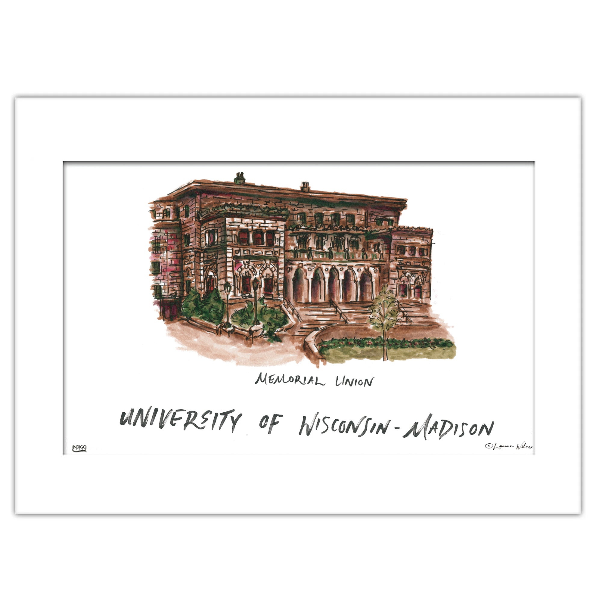 University of Wisconsin-Madison - Memorial Union, Matted Watercolor Wall Art 11" x 14" by Laura Wilcox