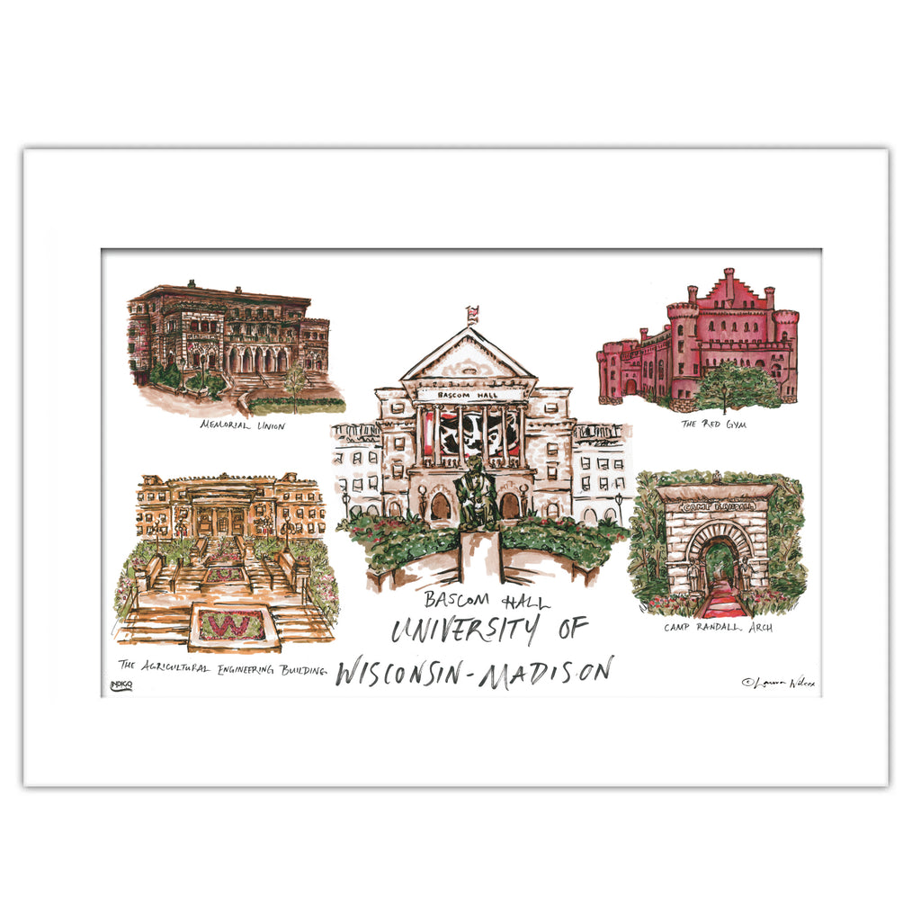 University of Wisconsin-Madison, Matted Collage Watercolor Wall Art 11" x 14" by Laura Wilcox