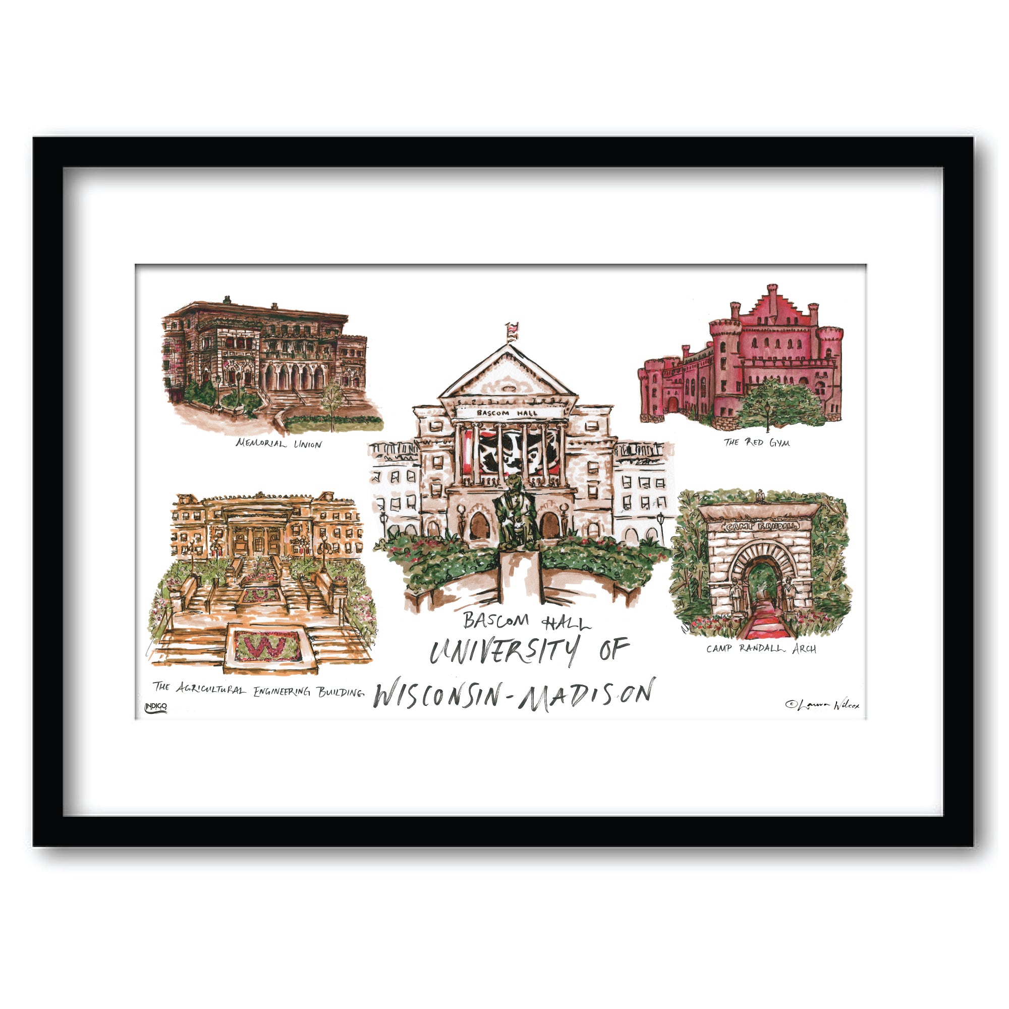 University of Wisconsin-Madison, Framed Collage Watercolor Wall Art 16" x 20" by Laura Wilcox